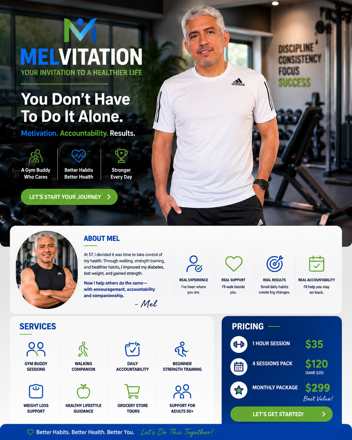 Melvitation fitness accountability website hero with Mel in a gym
